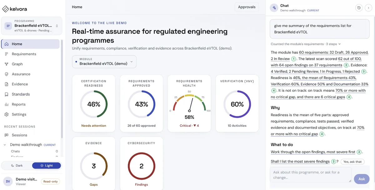 Kelvora chat walkthrough answering a question about the Brackenfield eVTOL programme