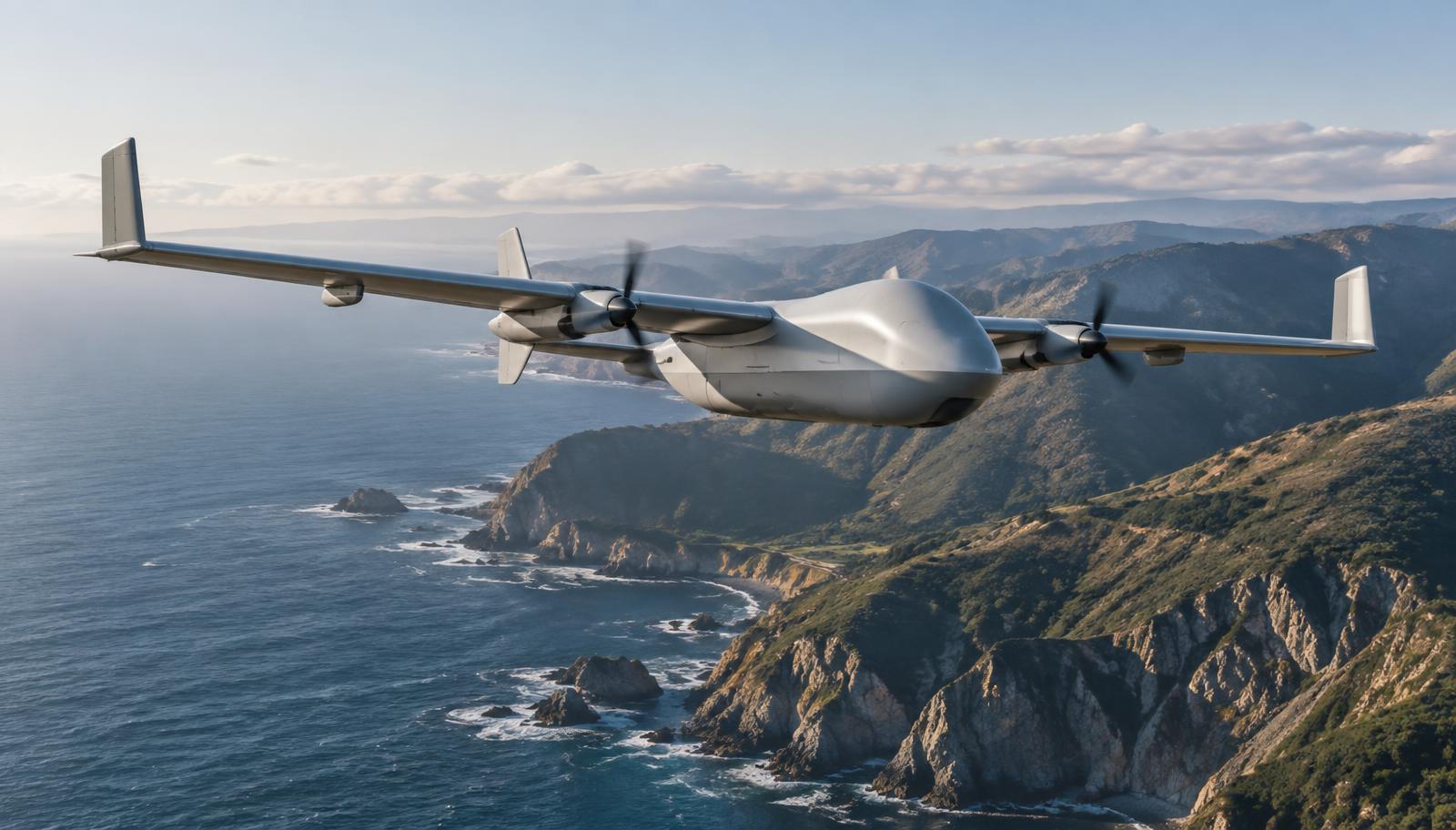 Fixed-wing cargo drone flying above a rugged coastline