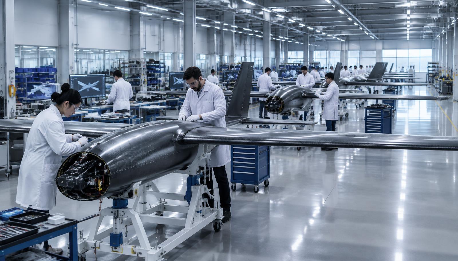 Engineers assembling fixed-wing cargo drones on a factory floor