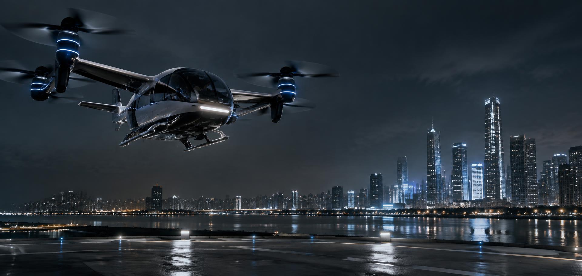 eVTOL aircraft flying over a city